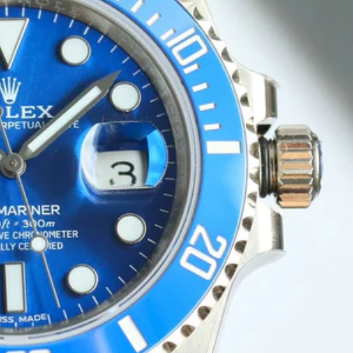 RLX Submariner Date in 18k white gold with a blue dial and blue ceramic bezel